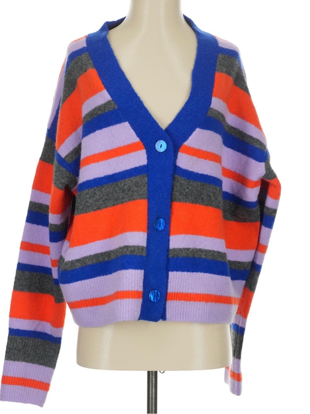 V-Neck Multicolor Striped Cardigan Sweater in Blue, Orange & Lavender